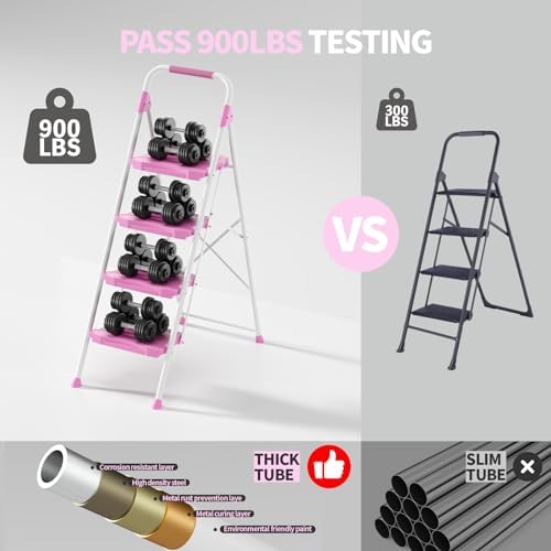 KINGRACK 4 Step Ladder, 900lbs Sturdy Step Stool with Handrail, Anti-Slip Wide Pedals, Foldable Stepladder for Home, Garage, Garden, Household, Pink, Pass 900LBS Testing