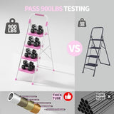 KINGRACK 4 Step Ladder, 900lbs Sturdy Step Stool with Handrail, Anti-Slip Wide Pedals, Foldable Stepladder for Home, Garage, Garden, Household, Pink, Pass 900LBS Testing