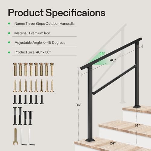 VIVOSUN Outdoor Handrail, 3 Step Stair Handrail, 40" x 36" Fits 1 to 3 Steps, Wrought Mattle Iron Handrail for Concrete Steps, Porch Steps, One-Step Assembly, Black