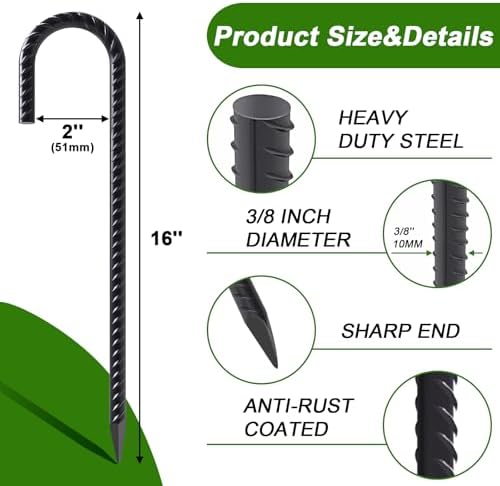 AAGUT 16 Inches 24 Pack Rebar Staks J Hook 3/8” Ground Stakes Heavy Duty with Chisel Point End for Camping Tent, Chain Link Fence, Outdoor Decorations, Inflatables, Black Coated