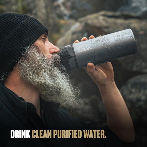 GRAYL GeoPress Titanium 24 oz Water Purifier Bottle with Cooking Lid - Filter for Hiking, Camping, Survival, Travel (Olive Drab)