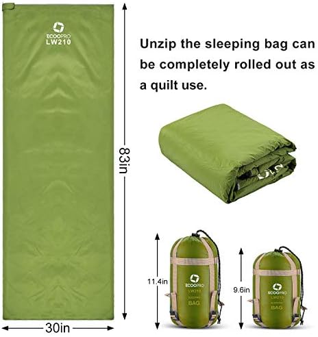 ECOOPRO Warm Weather Sleeping Bag - Portable, Waterproof, Compact Lightweight, Comfort with Compression Sack - Great for Outdoor Camping, Backpacking & Hiking-83 L x 30" W Fits Adults