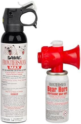 SABRE Frontiersman MAX 9.2 oz. Bear & Mountain Lion Attack Deterrent, Up to 40 ft Range, Contains 2% Major Capsaicinoids + Frontiersman Bear Horn (FBH-LT-AMZ) Kit, Glow-in-The-Dark Safety