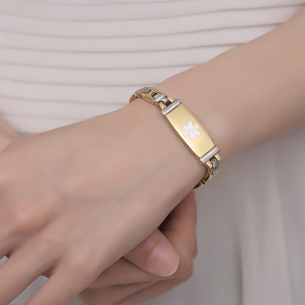 Tarring Fashion Lady Stainless steel Medical Alert id Bracelets with Free Engraving (Gold-7.5 in)
