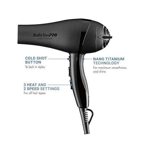 BaBylissPRO Nano Titanium 2000-Watt Blow Dryer with Concentrator Nozzle in Black, Professional Grade Ionic Corded Styling Tool for Hair