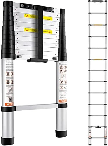 VEVOR Telescoping Ladder, 12.5 FT Aluminum One-Button Retraction Collapsible Extension Ladder, 375 LBS Capacity w/Non-Slip Feet, Portable Multi-Purpose Compact Ladder for Home, RV, Loft, ANSI Listed