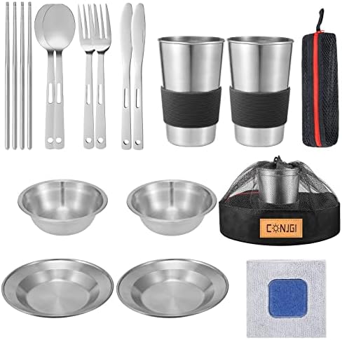 Outdoor Camping Mess Kit - 1 to 2 persons Camping Dishes Includes Cups, Bowls, Dishes, Knives, Forks, Spoons, Etc, Camping Dinnerware Set with Mesh Bag is Easy to Carry Camping Tableware Set