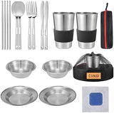 Outdoor Camping Mess Kit - 1 to 2 persons Camping Dishes Includes Cups, Bowls, Dishes, Knives, Forks, Spoons, Etc, Camping Dinnerware Set with Mesh Bag is Easy to Carry Camping Tableware Set