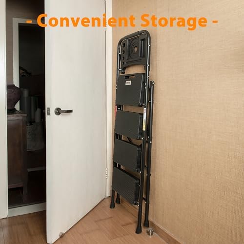 BONTEC 4-Step Ladder, 400lbs Max Load, Folding Step Stool with Tool Tray, Anti-Slip Pedals, Sturdy Steel, Lightweight Portable Ladder with Handrail for Home & Work Use, Black