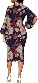 BestGirl Women's Bishop Sleeve Bodycon Dresses Work Casual Floral Print Pencil Midi Dresses