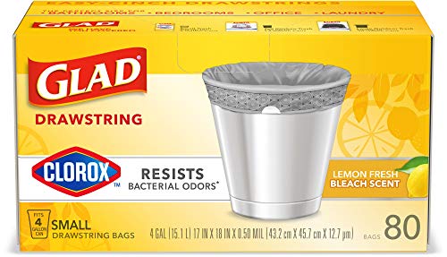Glad Small Trash Bags 4 Gallon, Lemon Fresh Bleach Garbage Bags, Odor Resistant with Drawstring, 80 Count