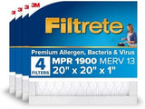 Filtrete 20x20x1 AC Furnace Air Filter, MERV 13, MPR 1900, Premium Allergen, Bacteria & Virus Filter, 3-Month Pleated 1-Inch Electrostatic Air Cleaning Filter, 4-Pack (Actual Size 19.69x19.69x0.78 in)