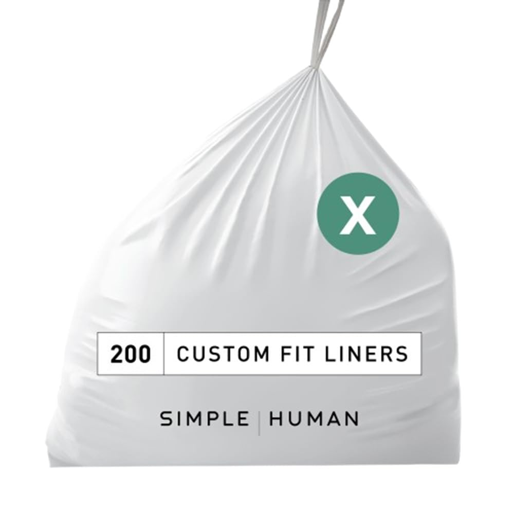 simplehuman Code X 200 Count, Genuine Custom Fit Liners, Drawstring Trash Bags, 30 Liter / 8 Gallon, White