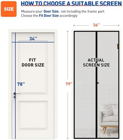 MAGZO Magnetic Screen Door Fit Door Size 34 x 78 Inch, Screen Size 36" x 79" Strong Magnets Door Mesh, Reinforced Fiberglass Door Net for Patio Door, Gray