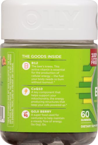 OLLY Daily Energy Gummy,Caffeine Free,Vitamin B12,CoQ10,Goji Berry,Adult Chewable Supplement,Tropical Flavor -,60 Count (Pack of 2)