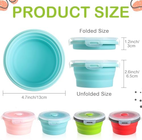 Suclain 4 Pcs Camping Bowl with Lid Collapsible Silicone Lunch Box Salad Bowl Expandable Food Storage Container Folding Travel Container for Hiking Camping(Red, Pink, Blue, Green,12 oz)