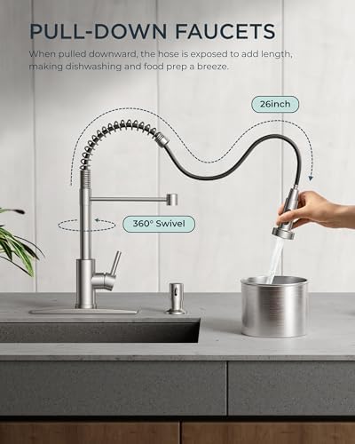 FORIOUS Kitchen Faucet with Soap Dispenser, Brushed Nickel Stainless Steel Spring Sink Faucet with Pull Down Sprayer Transitional Single Handle for Farmhouse Camper Laundry Camper