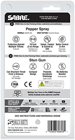 SABRE Pepper Spray & 2-in-1 Stun Gun with Flashlight, Self Defense Kit, Fast Flip Top Safety, Finger Grip for Better & Faster Aim, Painful 1.60 µC Charge, 120 Lumen LED Light, Rechargeable, 0.54 fl oz