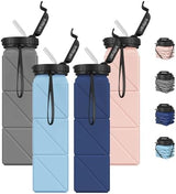 Collapsible Water Bottles, 4 Pack BPA-Free Silicone Foldable Water Bottle Cup with Straw Strap, Leak-Proof Durable Lightweight Bottle for Gym Travel Camping Hiking Running Sport