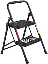 BONTEC 2-Step Ladder, Folding Step Stool, 600lbs Max Load Capacity, Sturdy Steel, Non-Slip Pedals, Lightweight, Portable Steel Ladder with Convenient Handrail, Safety Design for Home & Work, Black