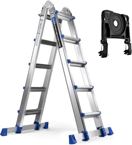 HBTower A Frame 5 Step Extension Ladder, 19 Ft Multi Position Ladder with Removable Tool Tray and Stabilizer Bar, 330 lbs Capacity Telescoping La dder for Household and Outdoor Work (Blue, 19FT)
