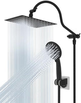 Hibbent 12'' All Metal Shower Head, High Pressure Rainfall Shower Head/Handheld Showerhead Combo/ 12'' Adjustable Curved Shower Extension Arm, 7-Spray, 71'' Hose, Showerhead Holder, Matte Black