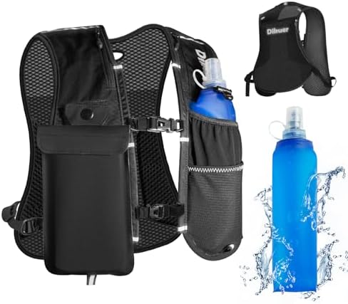 Running Vest for Women Men, Lightweight Hydration Runner Vest with Transparent Waterproof Phone Pocket, 17oz Soft Flask, Adjustable Chest Straps Reflective Backpack for Hiking Cycling Jogging