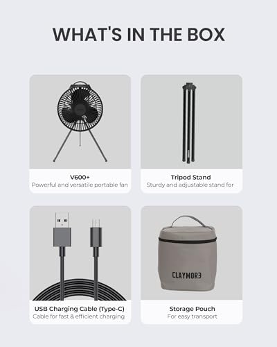 Claymore Portable Fan V600+ (Black) - Portable Fan with Airflow for Outdoors Use & Indoor Living Room, Desk, Table Fan. Super Quiet, USB-C Charging, Long-Lasting Battery, Includes Storage Case.