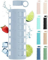 purifyou 40/32/22/12 oz Borosilicate Glass Water Bottles with Volume Markers, Silicone Sleeve, Stainless Steel Lid, Reusable Bottle for Water, Juice, Gym, and Fridge Storage (32oz Ice Blue)