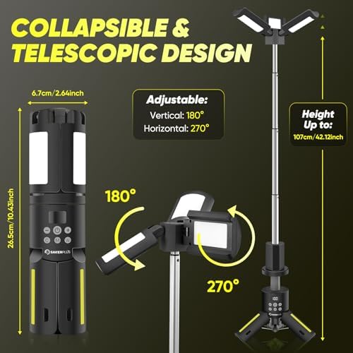 Telescopic Camping Lights with Stand, 5000LM Rechargeable LED Flashlight, 9 Color Modes, Collapsible Tent Lantern with Reflective Strips, Magnetic Base for Power Outages, Camping & Emergency