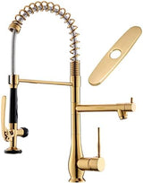 GIMILI Brushed Gold Kitchen Faucet with Pull Down Sprayer Single Handle High Pressure Brass Kitchen Sink Faucet Commercial Double-Headed Kitchen Faucets Sink with Deck Plate