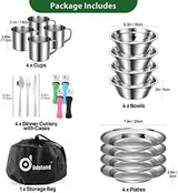 Odoland 29pcs Stainless Steel Utensils Camping Tableware Kit with Bowls Plates Cups Forks Spoons and Knives for 4, Cutlery Flatware Set for Backpacking, Outdoor Camping Hiking and Picnic