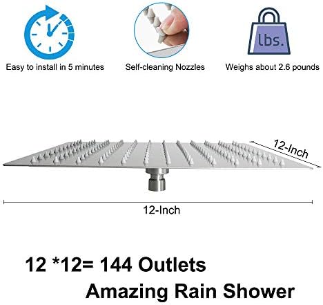 NearMoon Rain Shower Head, High Flow Stainless Steel Square Rainfall Shower, Waterfall Bath Shower Body Covering, Ceiling or Wall Mount (12 Inch, Brushed Nickel)