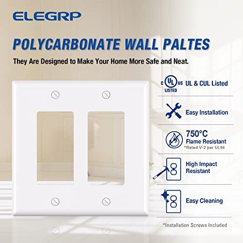 ELEGRP 2-Gang Decorative Wall Plates, Mid-Size 4.88" H x 4.94" L Unbreakable Thermoplastic Faceplate Cover for Decorator Receptacle Outlet Switch, UL Listed (10 Pack, Glossy White)