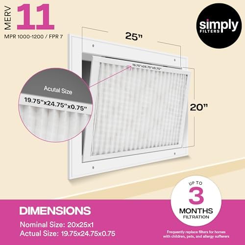 Simply 20x25x1 Air Filter, Merv 11, MPR 1000, 6 Pack, For Home AC Furnace & HVAC (Actual Size: 19.75"x24.75"x0.75") DUST, Pet, & Allergy Control