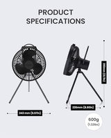 Claymore Portable Fan V600+ (Black) - Portable Fan with Airflow for Outdoors Use & Indoor Living Room, Desk, Table Fan. Super Quiet, USB-C Charging, Long-Lasting Battery, Includes Storage Case.