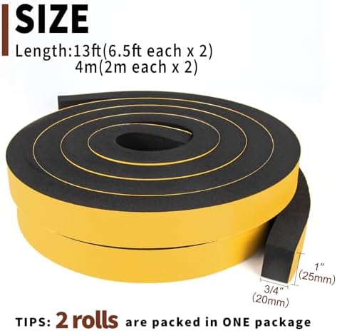 Yotache High Density Adhesive Foam Tape 2 Rolls 1" W X 3/4", (New Adhesive Craft) Weather Stripping Gasket Seal, Shockproof, Furniture Protective, 13 Ft Length (2 X 6.5 Ft Each)