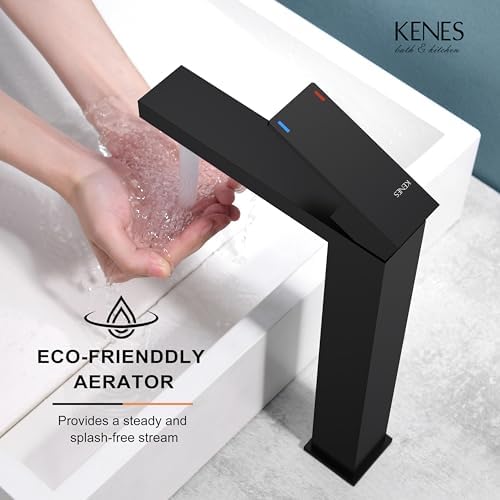 KENES Matte Black Bathroom Faucet Single Handle Tall Vessel Sink Faucet Vanity Bathroom Faucet Basin Mixer Tap with Water Supply Hose and Pop Up Sink Drain, LJ-9031A-2