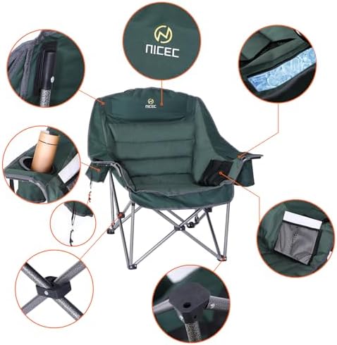 Nice C Camping Chairs, Oversized XL Padded Camping Chair, Outdoor Chair, Camp Chair, Lounge Chair, Wide&Thick, Heavy Duty 400lb, Carry Bag, Cupholder & Cooler (One Green)