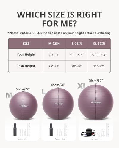 Trideer Yoga Ball - Exercise Ball for Workout pilates Stability - Anti-Burst and Slip Resistant for physical therapy, Birthing, Stretching & Core Workout, Office Ball Chair, Flexible Seating, Home Gym