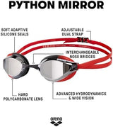ARENA Unisex Python Racing Swim Goggles for Men and Women Anti-Fog No Leak Max Comfort Dual Strap, Mirror/Non-Mirror Lens