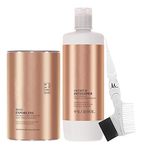 BlondeMe Lightener 9+ Premium Bleach 450 grams, Blonde Me Developer 9% / 30Vol 1 Liter and M Hair Designs Tint Brush Comb (Bundle), Off White