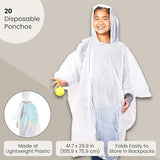 BLUE PANDA 20-Pack Disposable Rain Ponchos with Hood for Kids, Lightweight Emergency Plastic Poncho for Boys & Girls, Ideal for Outdoor Events, Travel, Camping, Hiking, and Festivals, White