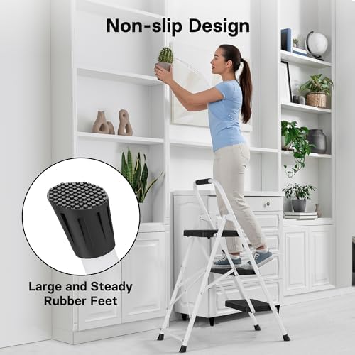 BONTEC 3-Step Ladder, Folding Step Stool, 600lbs Max Load Capacity, Sturdy Steel, Non-Slip Pedals, Lightweight, Portable Steel Ladder with Convenient Handrail, Safety Design for Home & Work, White