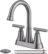Bathroom Faucets for Sink 3 Hole, Hurran 4 inch Brushed Grey Bathroom Sink Faucet with Pop-up Drain and Supply Hoses, Stainless Steel Lead-Free Centerset Touch On Faucets for Vanity RV
