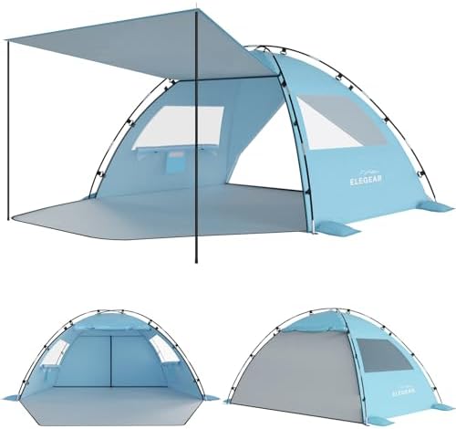 Elegear Beach Tent Sun Shelter with Canopy, 4-5 Person Pop Up Beach Tent, Easy Setup UPF 50+ UV Protection Portable Lightweight Double Silver Coating Beach Cabana Sun Shade Shelter - Sky Blue