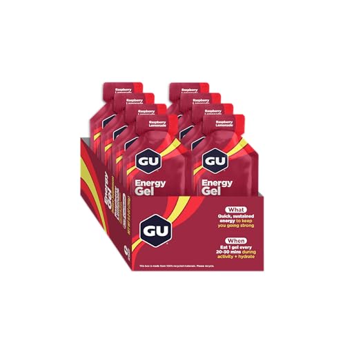 GU Energy Original Sports Nutrition Energy Gel, 8-Count, Vegan, Gluten-Free, Kosher, and Dairy-Free On-The-Go Energy for Any Workout, Raspberry Lemonade
