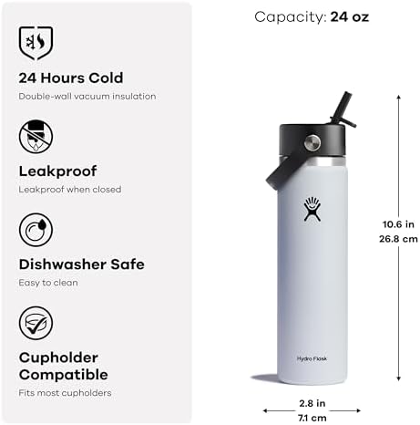 HYDRO FLASK Wide Mouth vacuum insulated stainless steel water bottle with leakproof closeable straw lid for cold water drinks, sports, travel, car and school