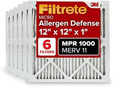 Filtrete 12x12x1 AC Furnace Air Filter, MERV 11, MPR 1000, Micro Allergen Defense, 3-Month Pleated 1-Inch Electrostatic Air Cleaning Filter, 6 Pack (Actual Size 11.81x11.81x0.81 in)