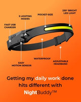 NightBuddy The Original LED Headlamp Rechargeable Flashlight for Adults Camping Essentials Backpacking Lights 4X Brighter Other Headlight Headband Lamp 5 Light Modes Hiking Gear Must Haves (Headlamp)